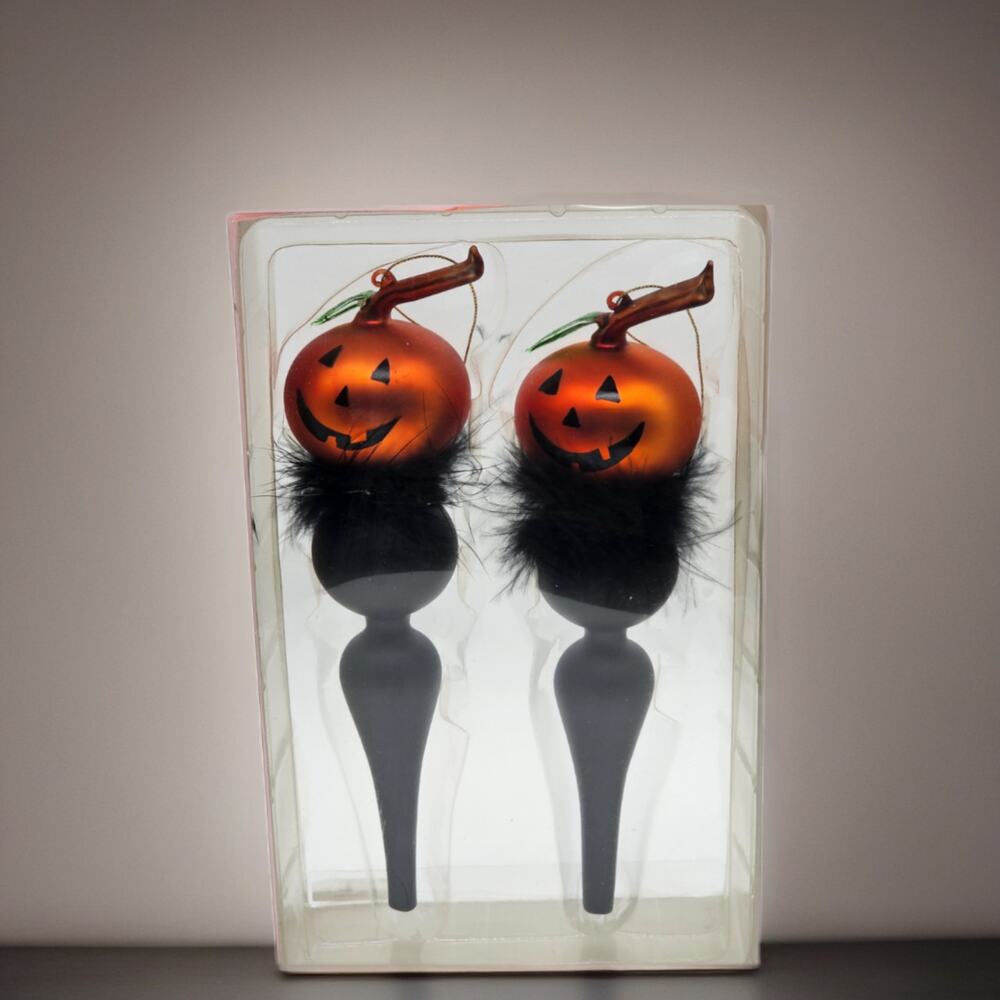 Round Face Halloween Glass Pumpkin Ornaments Feather Trim Spooky Chic Decor